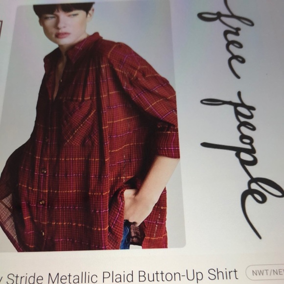 BNWT FREE PEOPLE RED METALLIC PLAID BUTTON SHIRT - Picture 2 of 6